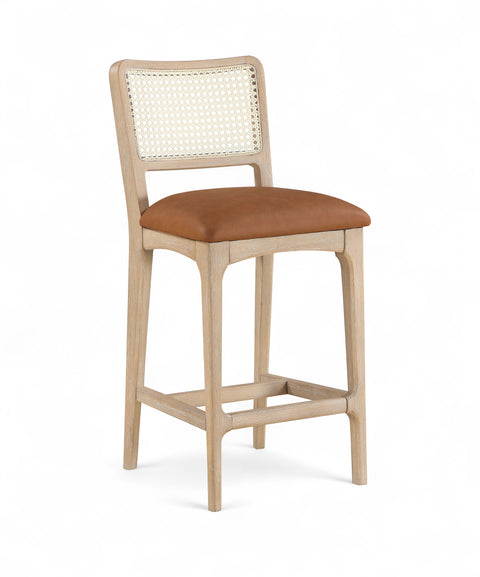 Harlow Cognac Cane Back And Vegan Leather Upholstered Seat Counter Stool, 2-Piece