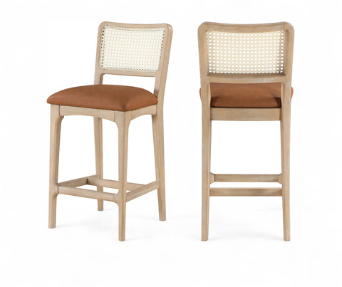 Harlow Cognac Cane Back And Vegan Leather Upholstered Seat Counter Stool, 2-Piece