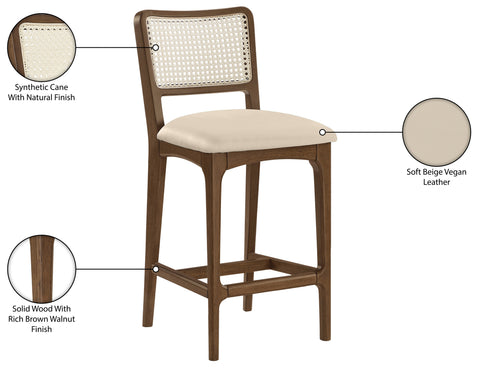 Harlow Beige Cane Back And Vegan Leather Upholstered Seat Counter Stool, 2-Piece