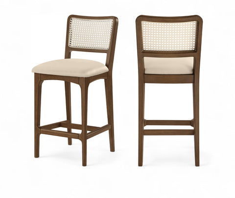 Harlow Beige Cane Back And Vegan Leather Upholstered Seat Counter Stool, 2-Piece