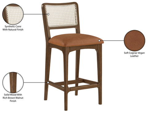 Harlow Cognac Cane Back And Vegan Leather Upholstered Seat Counter Stool, 2-Piece (Style 2)