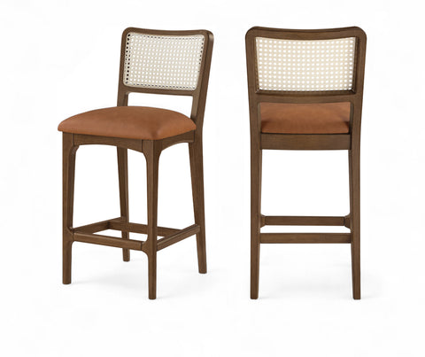 Harlow Cognac Cane Back And Vegan Leather Upholstered Seat Counter Stool, 2-Piece (Style 2)