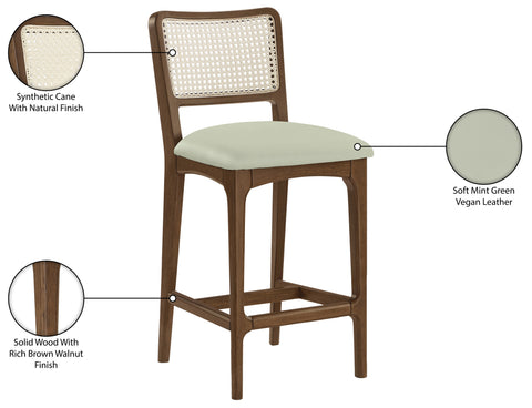 Harlow Mint Cane Back And Vegan Leather Upholstered Seat Counter Stool, 2-Piece