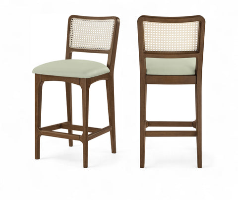 Harlow Mint Cane Back And Vegan Leather Upholstered Seat Counter Stool, 2-Piece