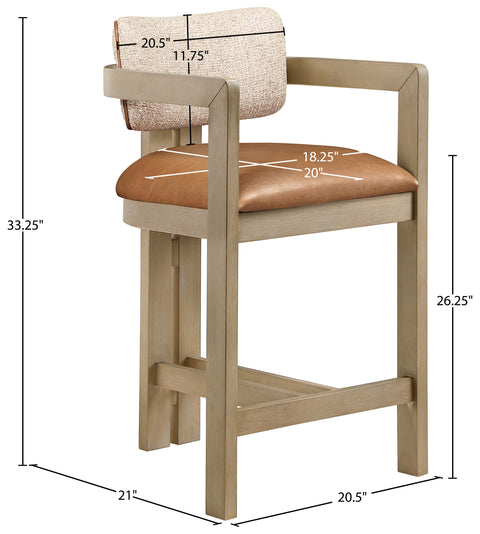 Amara Cognac Vegan Leather and Linen Textured Fabric Upholstered Counter Stool, 1 Piece