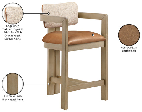 Amara Cognac Vegan Leather and Linen Textured Fabric Upholstered Counter Stool, 1 Piece