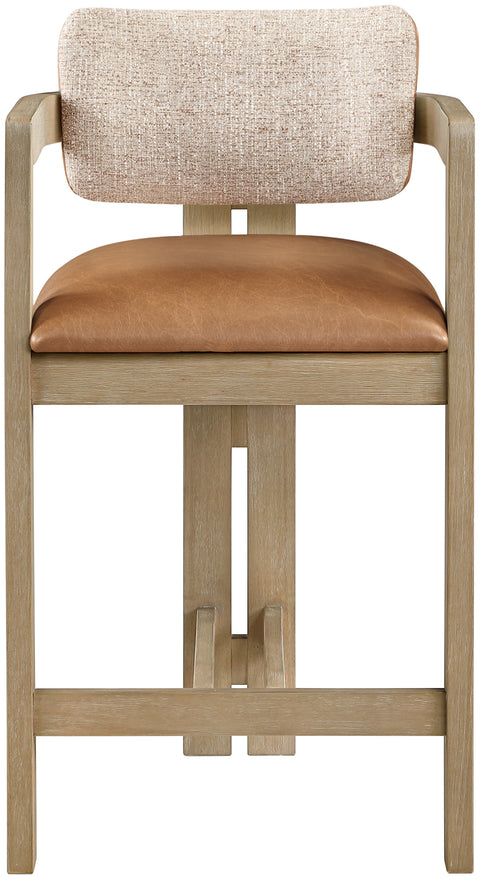 Amara Cognac Vegan Leather and Linen Textured Fabric Upholstered Counter Stool, 1 Piece