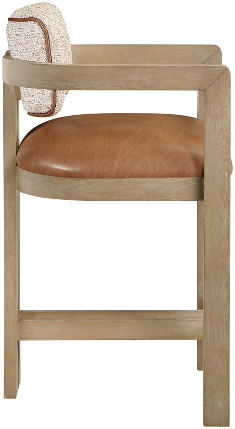 Amara Cognac Vegan Leather and Linen Textured Fabric Upholstered Counter Stool, 1 Piece