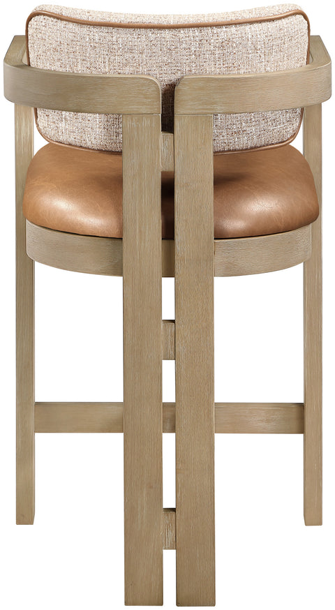 Amara Cognac Vegan Leather and Linen Textured Fabric Upholstered Counter Stool, 1 Piece