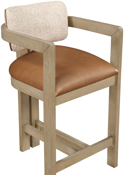 Amara Cognac Vegan Leather and Linen Textured Fabric Upholstered Counter Stool, 1 Piece