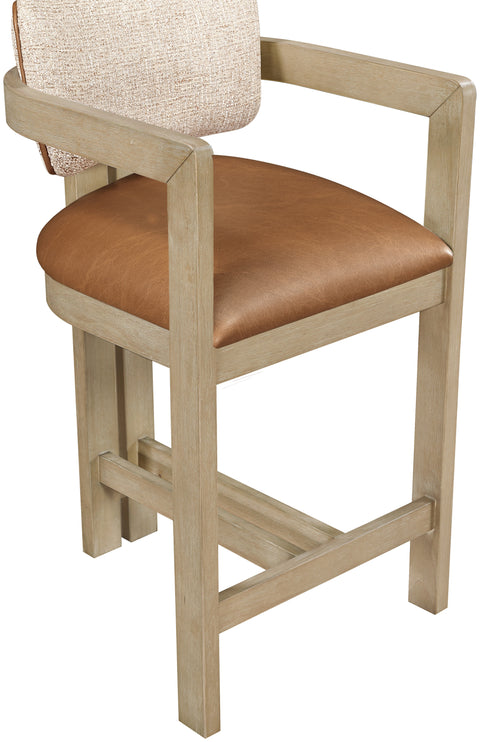 Amara Cognac Vegan Leather and Linen Textured Fabric Upholstered Counter Stool, 1 Piece