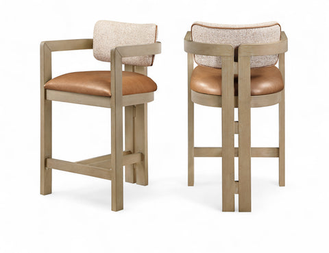 Amara Cognac Vegan Leather and Linen Textured Fabric Upholstered Counter Stool, 1 Piece