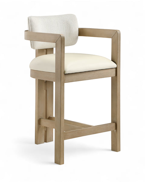 Amara Cream Vegan Leather and Linen Textured Fabric Upholstered Counter Stool, 1 Piece