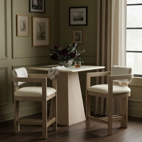 Amara Cream Vegan Leather and Linen Textured Fabric Upholstered Counter Stool, 1 Piece