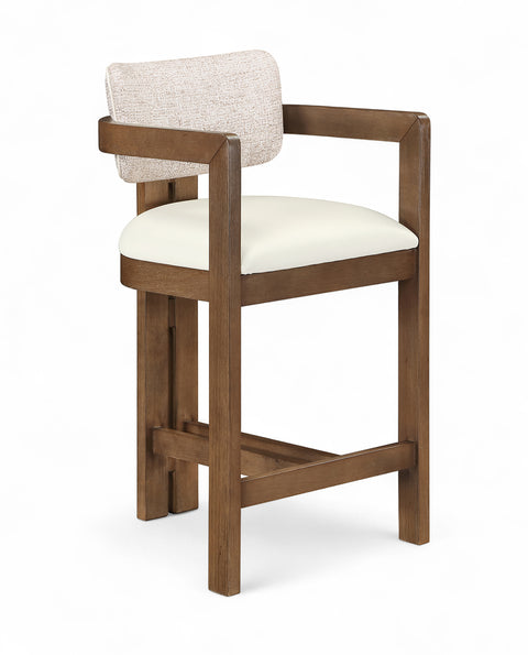 Amara Beige Vegan Leather and Linen Textured Fabric Upholstered Counter Stool, 1 Piece