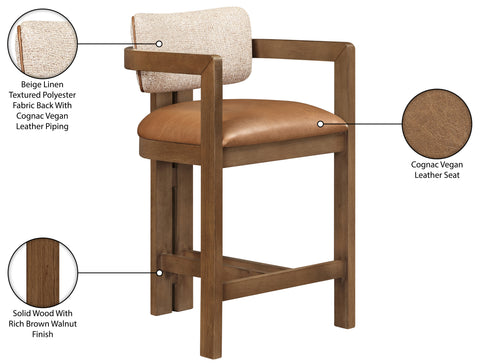 Amara Cognac Vegan Leather and Linen Textured Fabric Upholstered Counter Stool, 1 Piece (Style 2)
