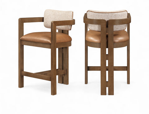 Amara Cognac Vegan Leather and Linen Textured Fabric Upholstered Counter Stool, 1 Piece (Style 2)