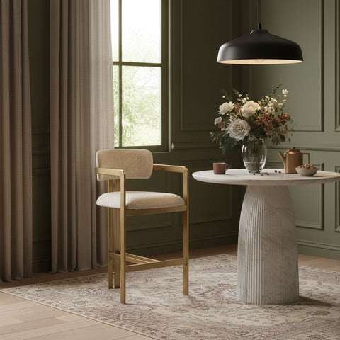 Veda Beige Linen Textured Fabric Upholstered Counter Stool, 1 Piece