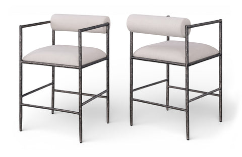 Hadley Beige Linen Textured Fabric Upholstered Counter Stool, 2-Piece