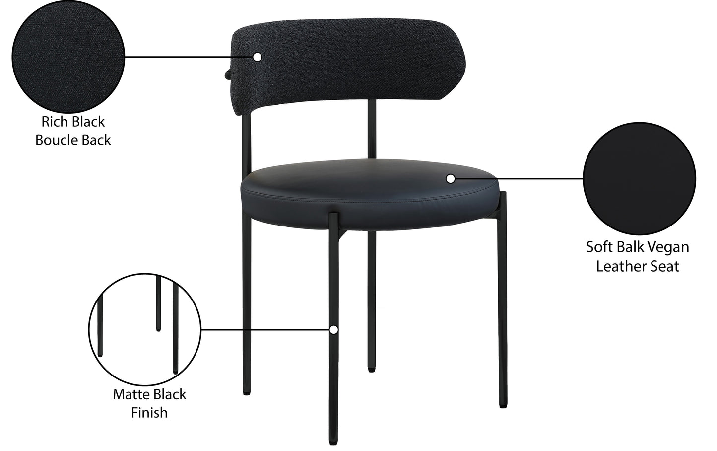 maui black vegan leather and boucle fabric dining chair