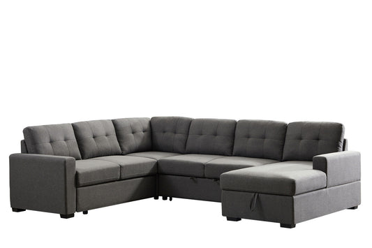 Mabel Dark Gray Linen Fabric Sleeper Sectional Sofa with Storage Chaise