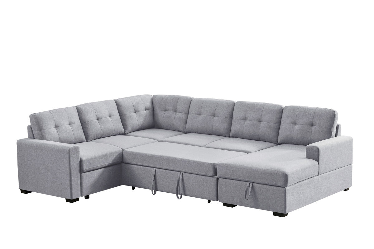 toby light gray linen fabric sleeper sectional sofa with storage chaise