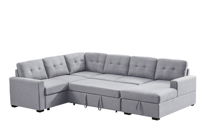 Toby Light Gray Linen Fabric Sleeper Sectional Sofa with Storage Chaise