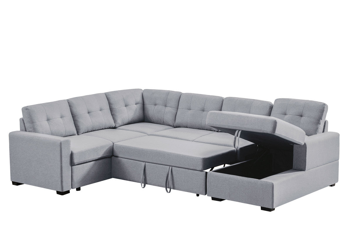 toby light gray linen fabric sleeper sectional sofa with storage chaise