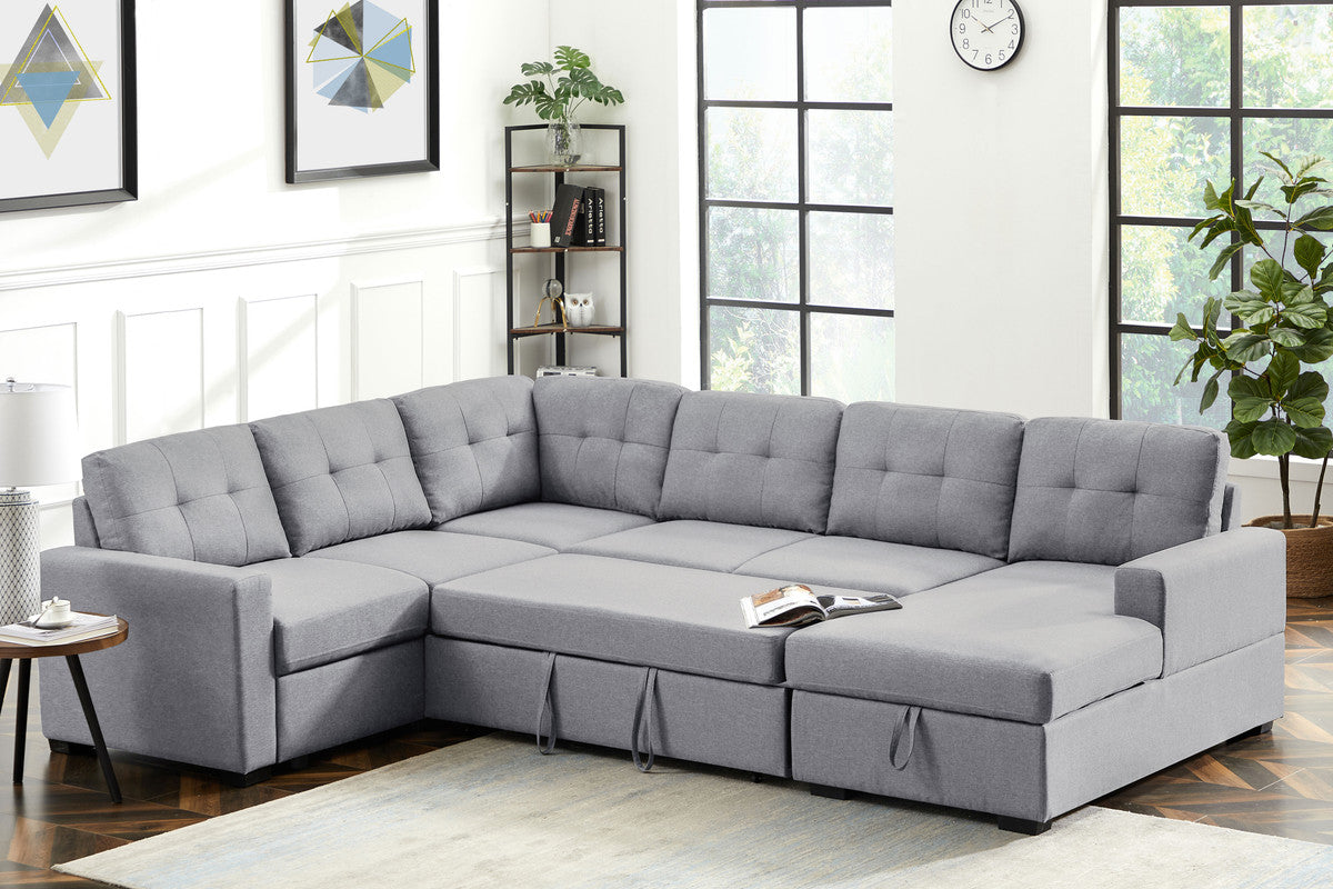 toby light gray linen fabric sleeper sectional sofa with storage chaise