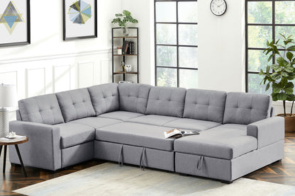 Toby Light Gray Linen Fabric Sleeper Sectional Sofa with Storage Chaise