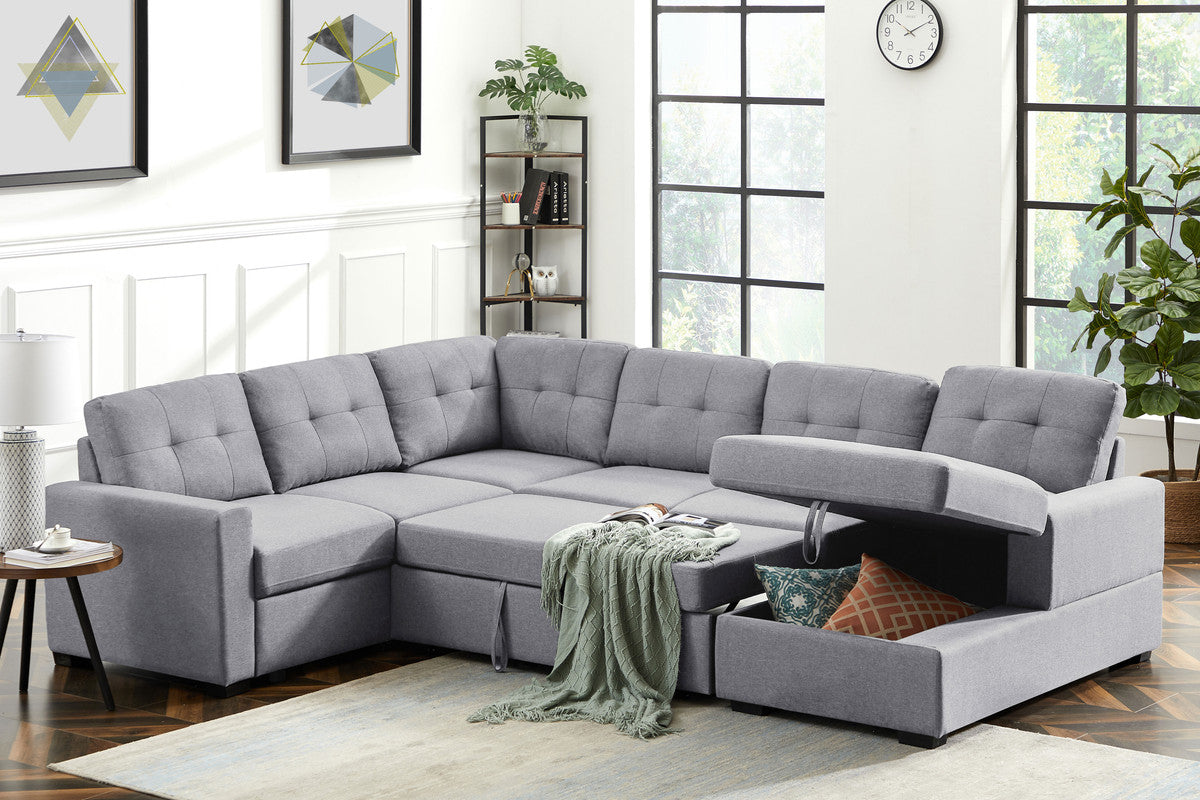 toby light gray linen fabric sleeper sectional sofa with storage chaise