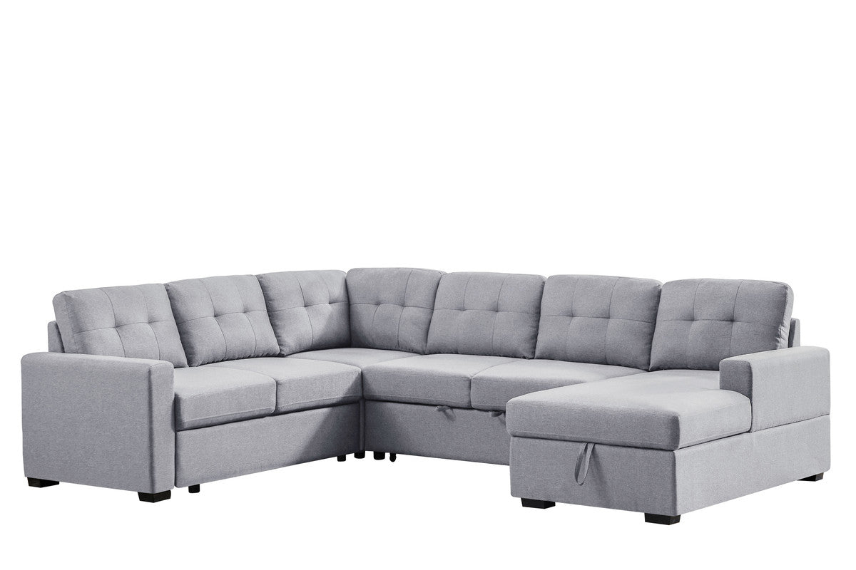 toby light gray linen fabric sleeper sectional sofa with storage chaise