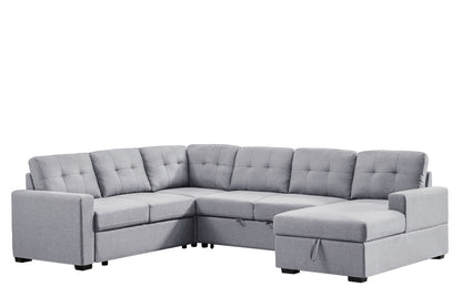 Toby Light Gray Linen Fabric Sleeper Sectional Sofa with Storage Chaise