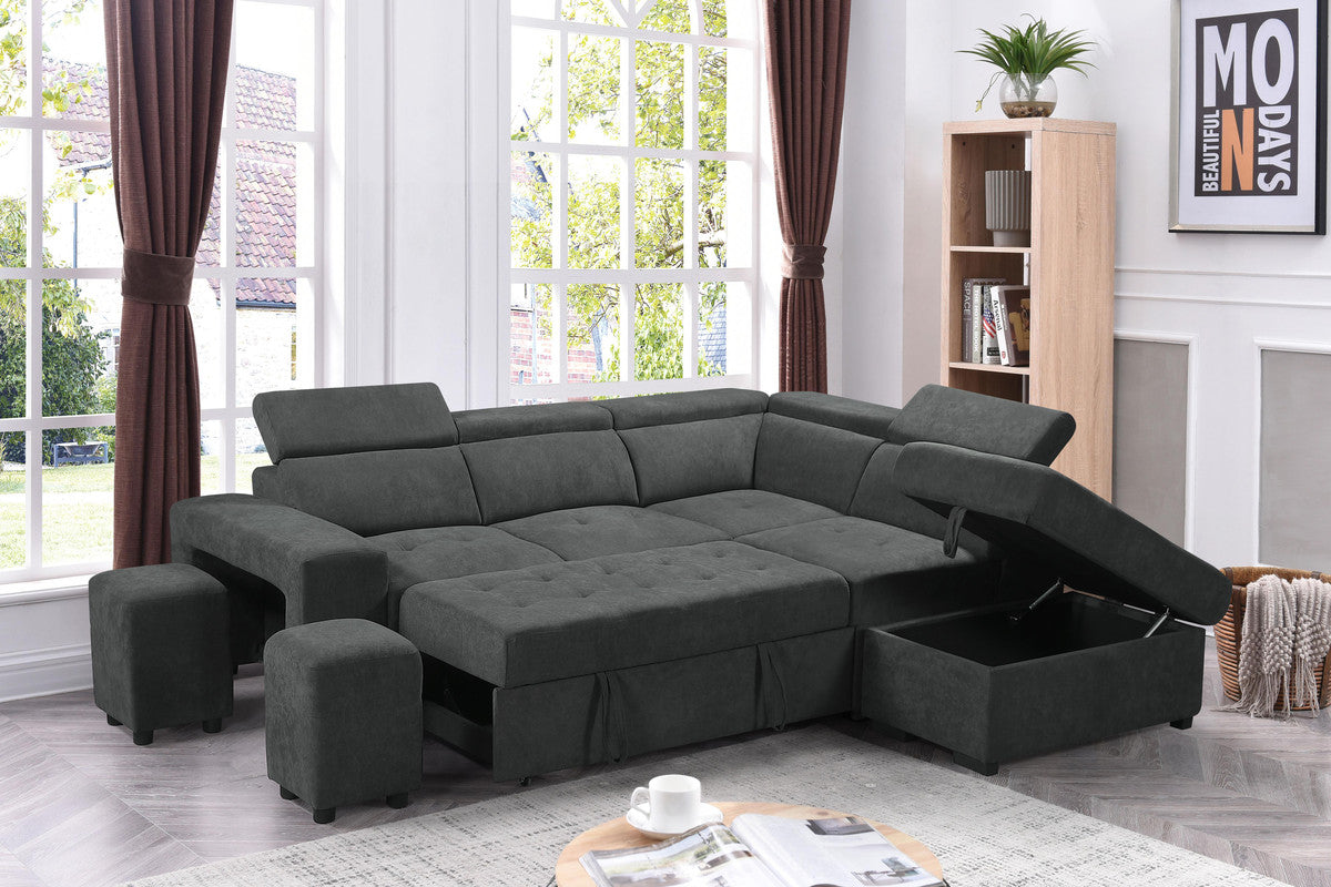 toby dark gray sleeper sectional sofa with storage ottoman and 2 stools