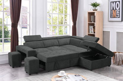 Toby Dark Gray Sleeper Sectional Sofa with Storage Ottoman and 2 Stools