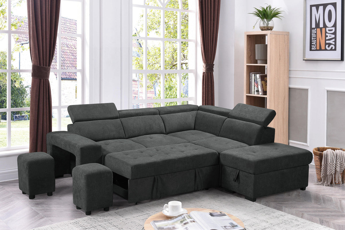 toby dark gray sleeper sectional sofa with storage ottoman and 2 stools