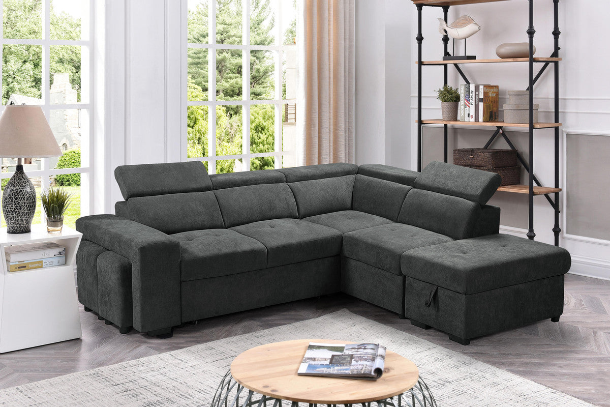 toby dark gray sleeper sectional sofa with storage ottoman and 2 stools