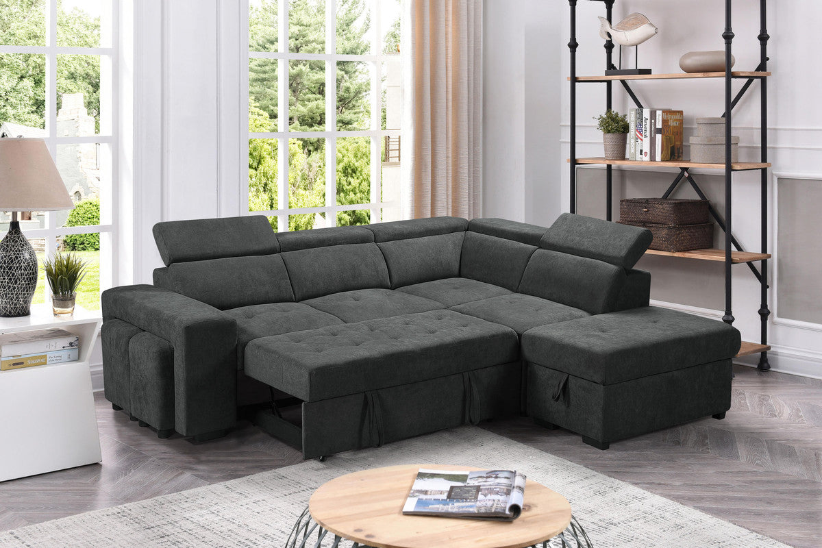 toby dark gray sleeper sectional sofa with storage ottoman and 2 stools