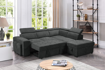 Toby Dark Gray Sleeper Sectional Sofa with Storage Ottoman and 2 Stools