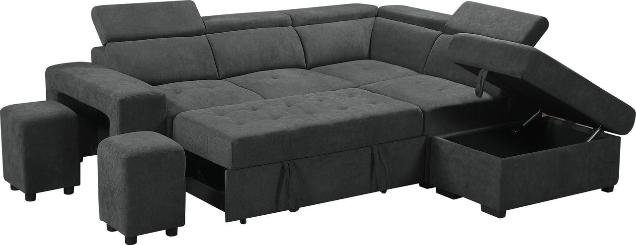 toby dark gray sleeper sectional sofa with storage ottoman and 2 stools