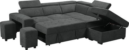 Toby Dark Gray Sleeper Sectional Sofa with Storage Ottoman and 2 Stools