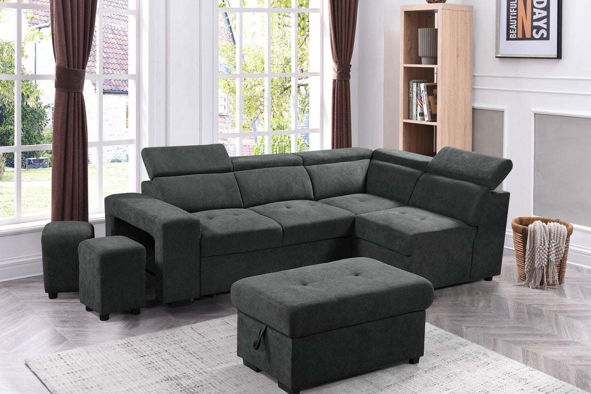 toby dark gray sleeper sectional sofa with storage ottoman and 2 stools