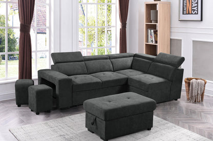 Toby Dark Gray Sleeper Sectional Sofa with Storage Ottoman and 2 Stools