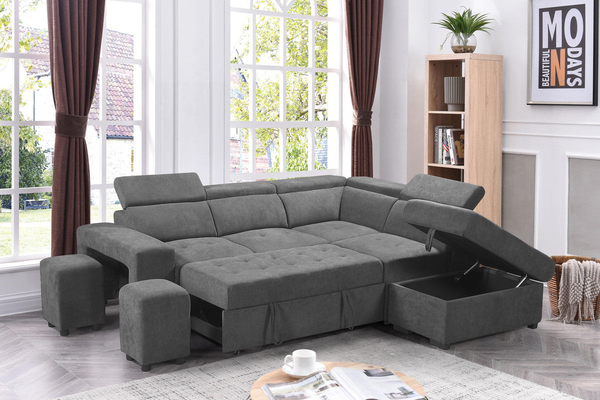 ashlyn light gray sleeper sectional sofa with storage ottoman and 2 stools