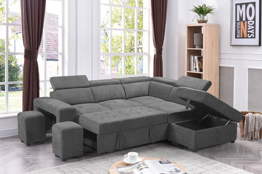 Ashlyn Light Gray Sleeper Sectional Sofa with Storage Ottoman and 2 Stools