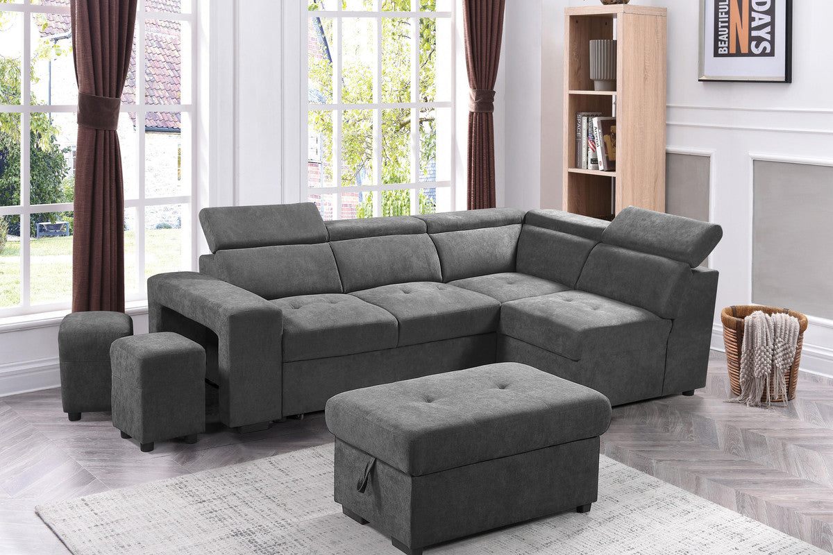 ashlyn light gray sleeper sectional sofa with storage ottoman and 2 stools