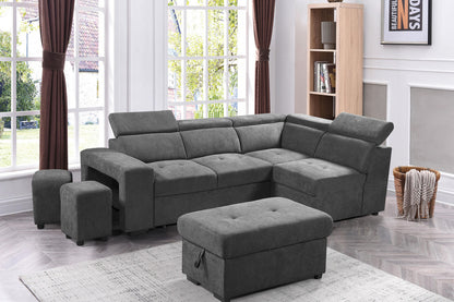 Ashlyn Light Gray Sleeper Sectional Sofa with Storage Ottoman and 2 Stools