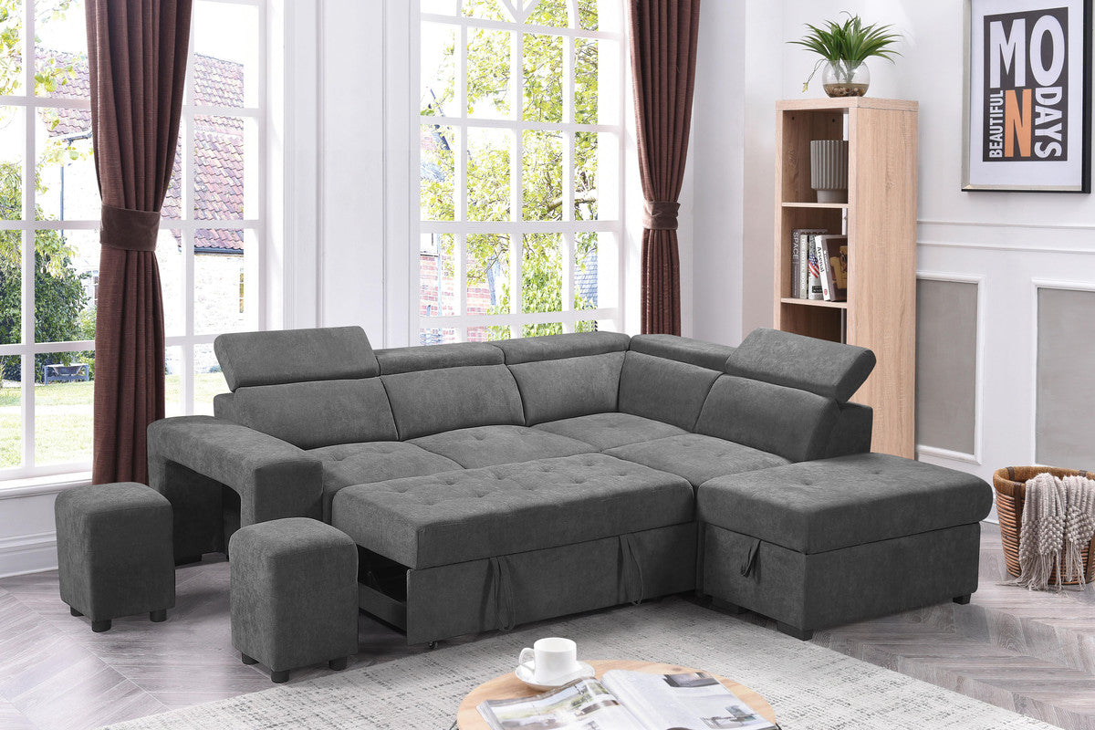 ashlyn light gray sleeper sectional sofa with storage ottoman and 2 stools