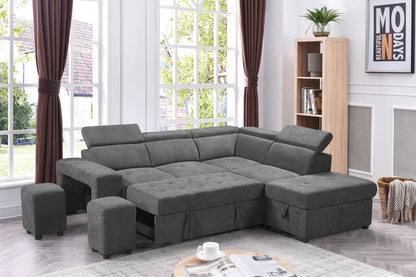 Ashlyn Light Gray Sleeper Sectional Sofa with Storage Ottoman and 2 Stools