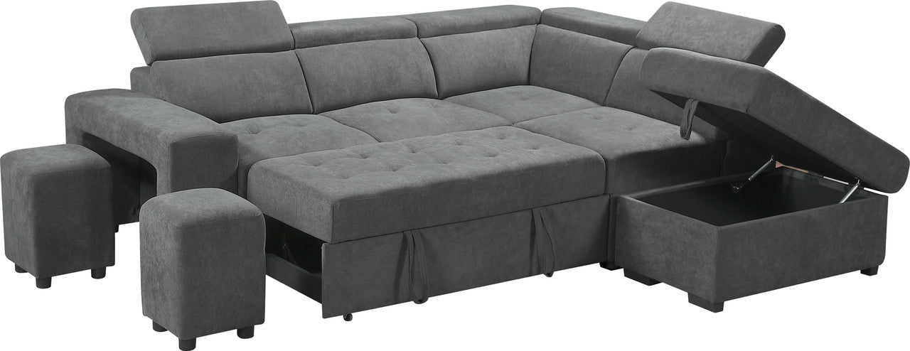 ashlyn light gray sleeper sectional sofa with storage ottoman and 2 stools